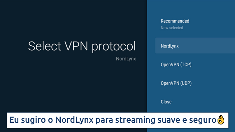 Screenshot showing protocol selection page on NordVPN's Fire Stick app