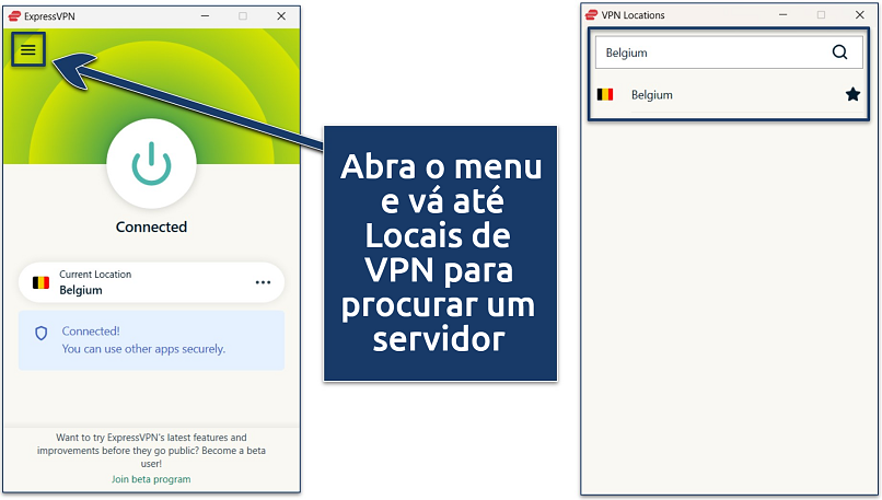 Captura de tela do aplicativo da ExpressVPN para Windows com uma conexão ativa ao servidor da Bélgica