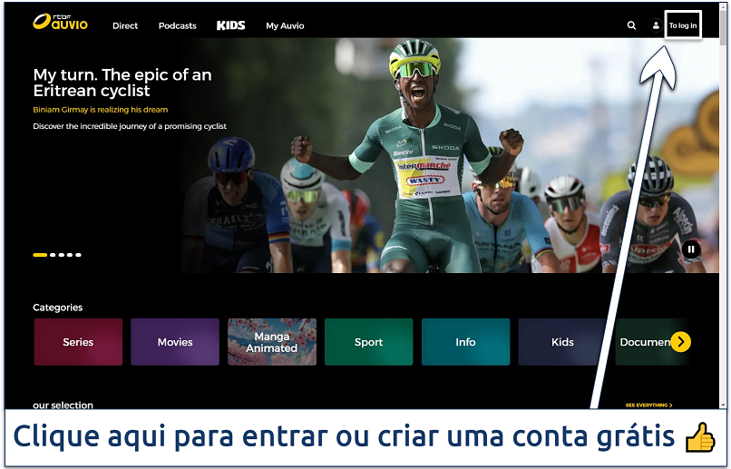 Captura de tela da homepage da RTBF com a opção de login do menu principal destacada