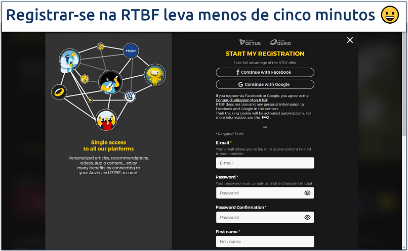 Captura de tela da página de inscrição da RTBF