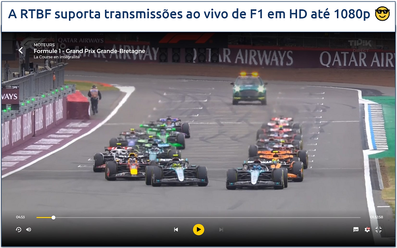 Captura de tela de uma corrida de F1 sendo transmitida na RTBF em HD