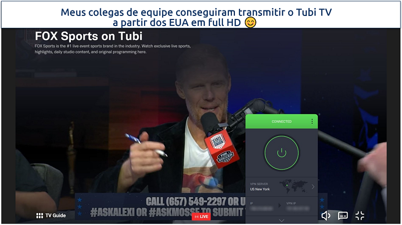 A screenshot of Tubi TV live FOX Sports while connected to Private Internet Access's US server