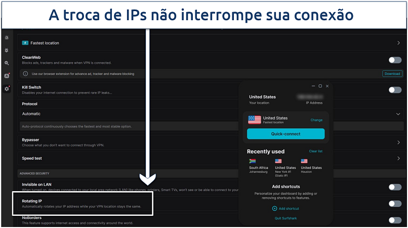 A screenshot showing Surfshark's Rotating IP feature that refreshes IP addresses every few minutes