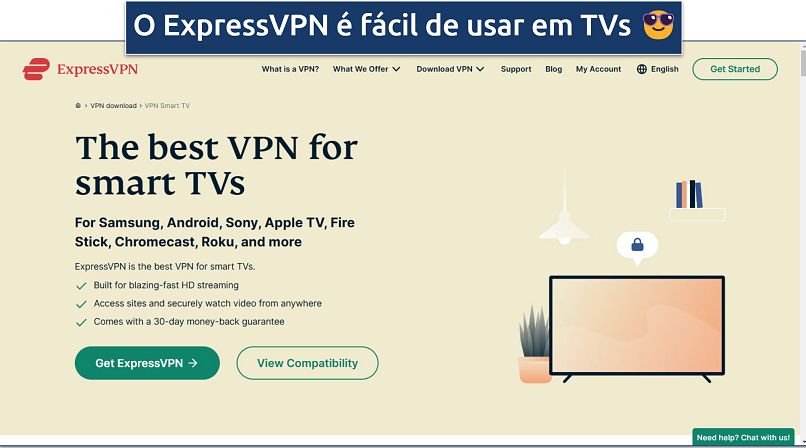 Captura de tela do site da ExpressVPN com a opção de baixar o VPN para Smart TVs