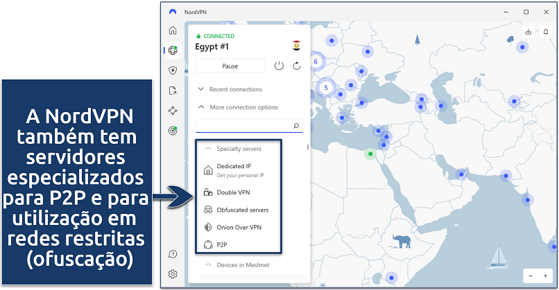 Screenshot of the NordVPN app showing its specialty servers while connected to an Egypt server