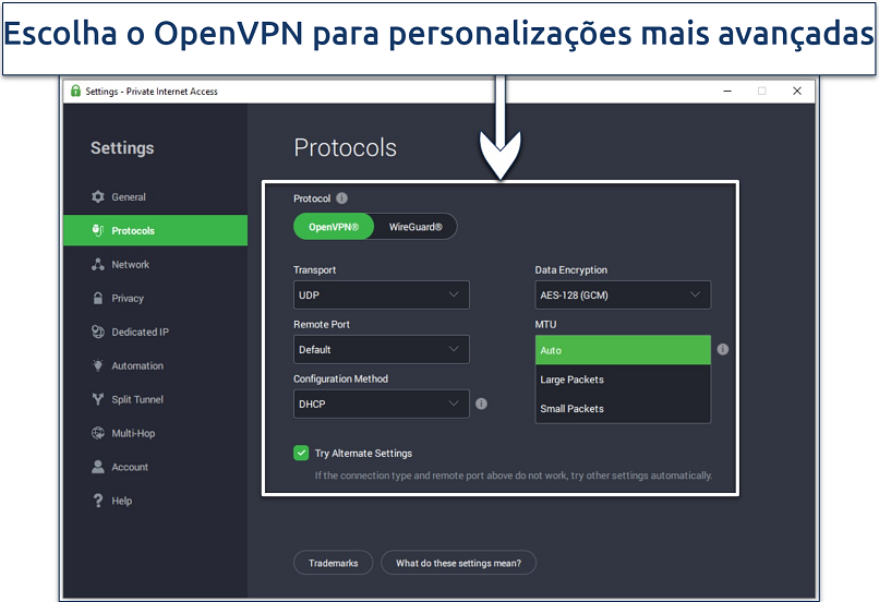 Screenshot of the PIA app showing available connection settings under the OpenVPN protocol