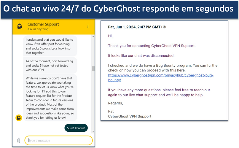 Screenshot of a chat with CyberGhost's customer support