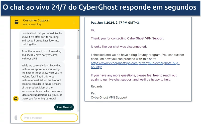 Screenshot of a chat with CyberGhost's customer support
