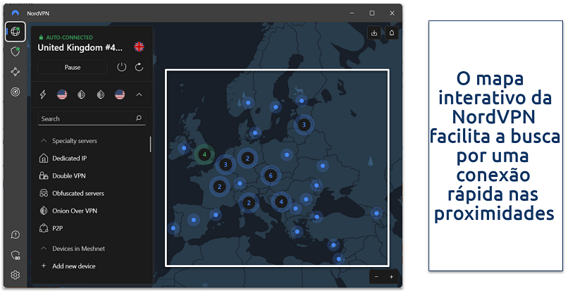 Captura de tela da interface principal do NordVPN