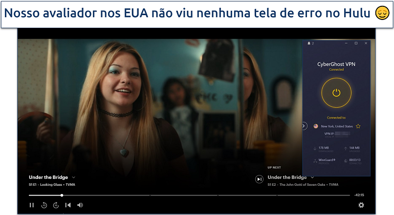 Screenshot of Hulu streaming with CyberGhost connected
