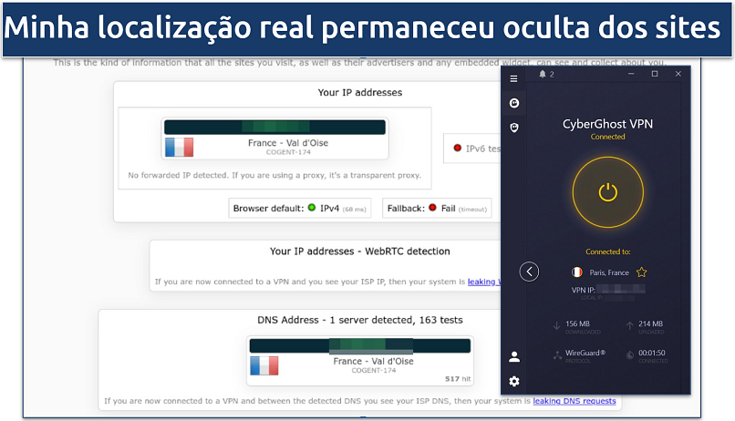 Screenshot of CyberGhost's leak test results