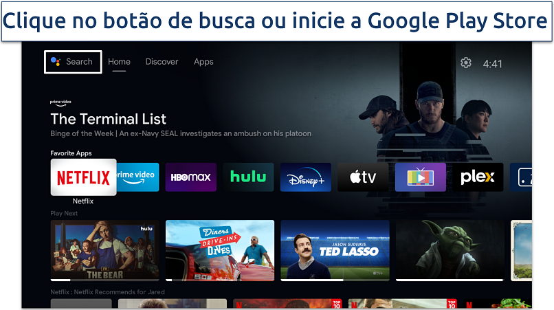 Captura de tela da página inicial do Android TV