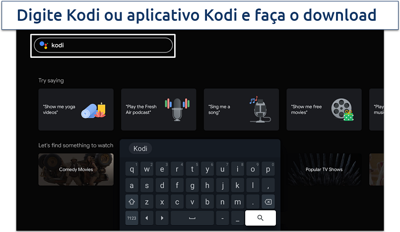 Captura de tela da caixa de busca e teclado na Android TV