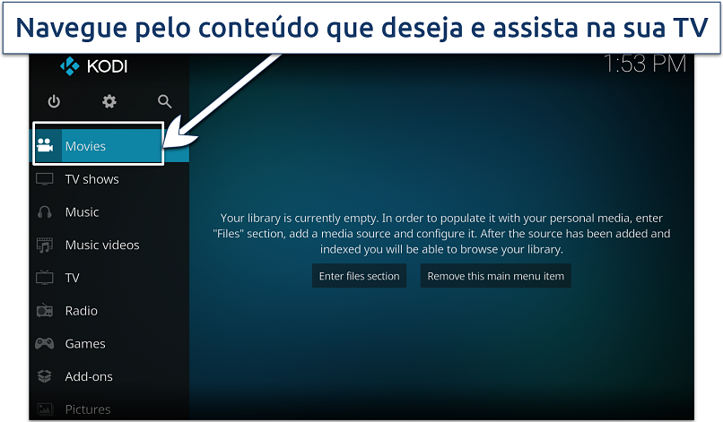 Captura de tela da página inicial do Kodi na Android TV box