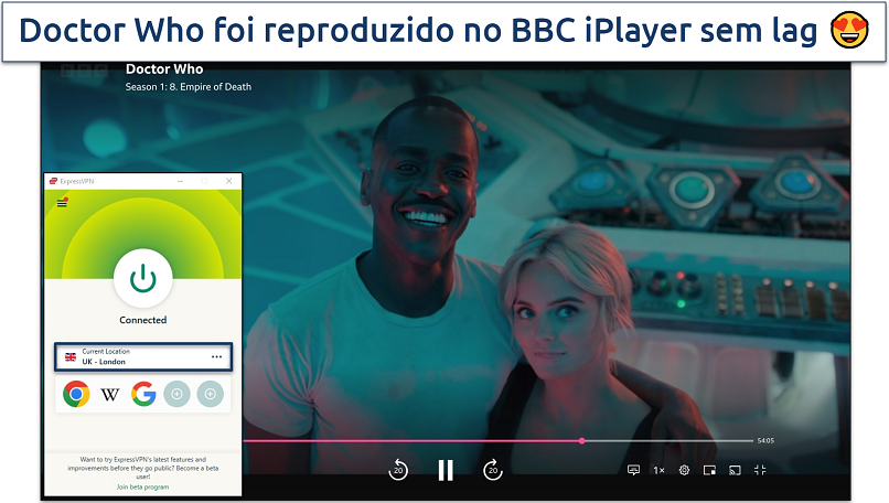 A screenshot of ExpressVPN streaming BBC iPlayer connected to London server