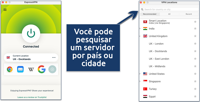 Screenshot showing how to search for a server on ExpressVPN