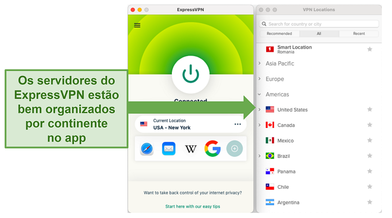 screenshot of ExpressVPN's macOS app showing the servers