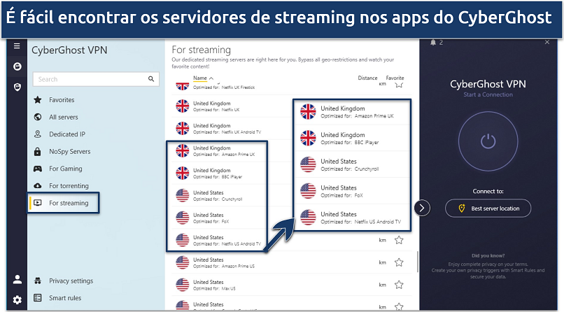 Screenshot of CyberGhost's Windows app showing dedicated streaming servers