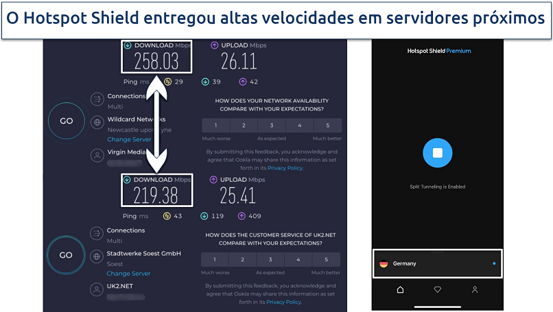 Screenshot of Hotspot Shield's speed test results on local servers