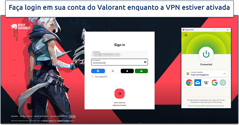 Screenshot showing the login page on the Valorant website while connected to ExpressVPN