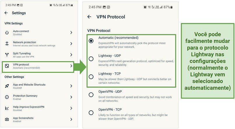 Captura de tela das configurações de protocolo da ExpressVPN