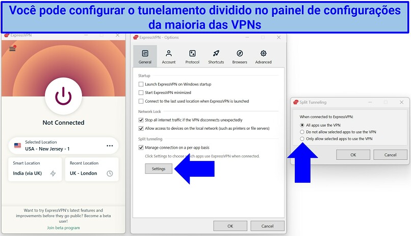 Captura de tela das configurações de divisão de túnel da ExpressVPN