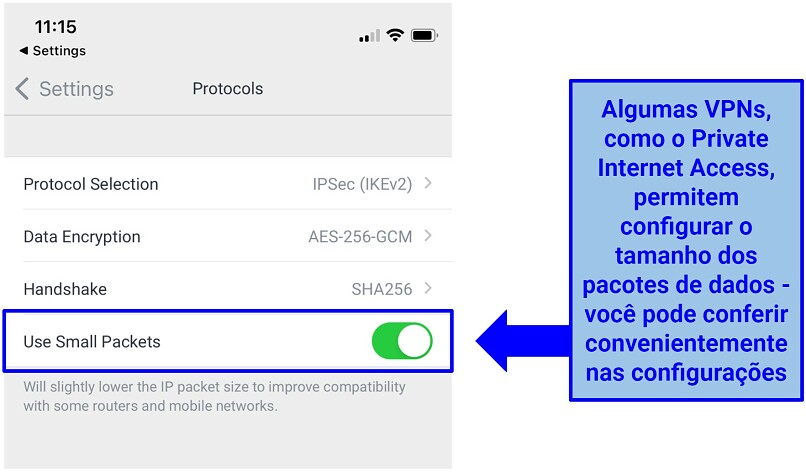 Captura de tela das configurações de pacotes pequenos da PIA