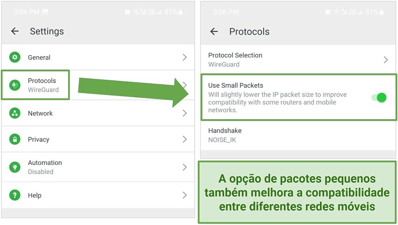 Captura de tela das configurações de protocolo e pacotes pequenos da PIA