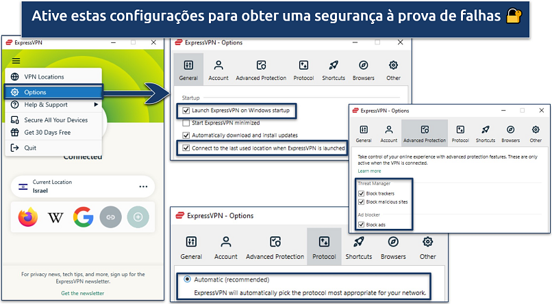 Captura de tela mostrando uma variedade de configurações no aplicativo ExpressVPN