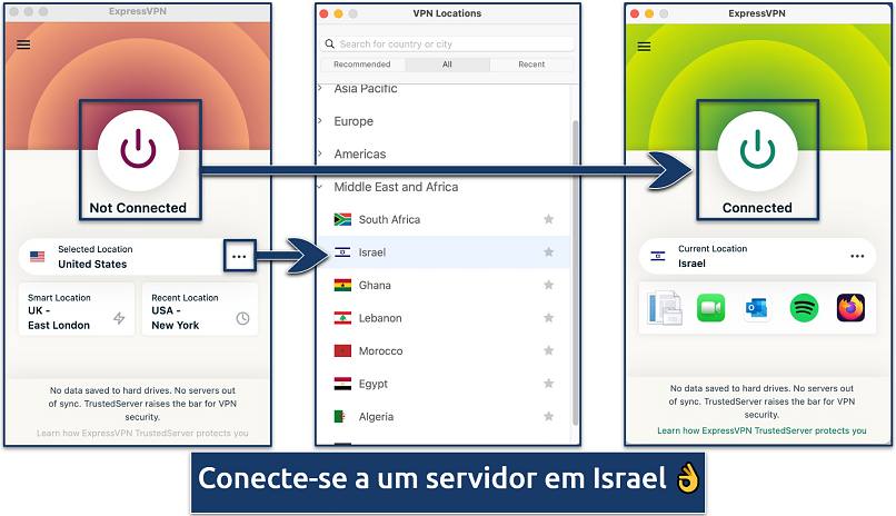 Captura de tela mostrando a lista de servidores e aplicativo da ExpressVPN