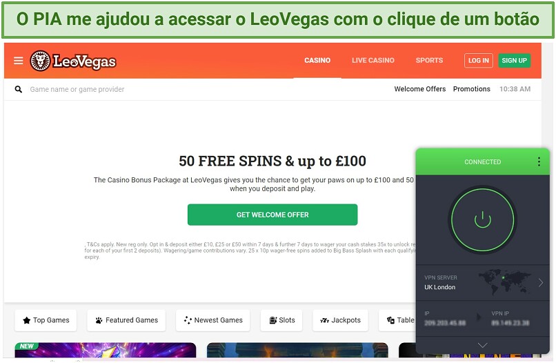 Screenshot showing PIA unblocking LeoVegas using a server in London