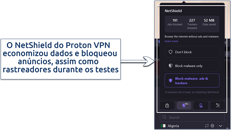 Uma captura de tela mostrando que o NetShield do Proton VPN é eficaz na filtragem de anúncios, bloqueio de rastreadores e economia de dados