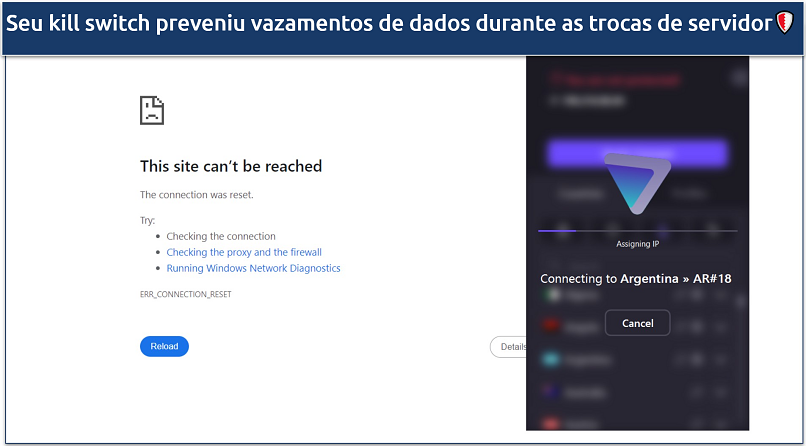 Uma captura de tela mostrando que o Kill Switch do Proton VPN corta a conexão com a internet ao trocar de servidores