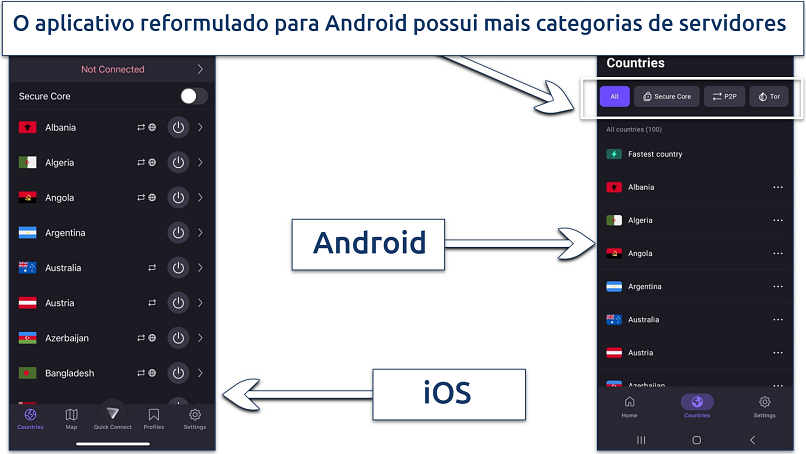 Uma captura de tela mostrando que o aplicativo Android do Proton VPN exibe mais opções no menu de países em comparação com o aplicativo para iOS