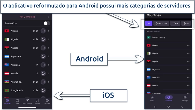 Uma captura de tela mostrando que o aplicativo Android do Proton VPN exibe mais opções no menu de países em comparação com o aplicativo para iOS