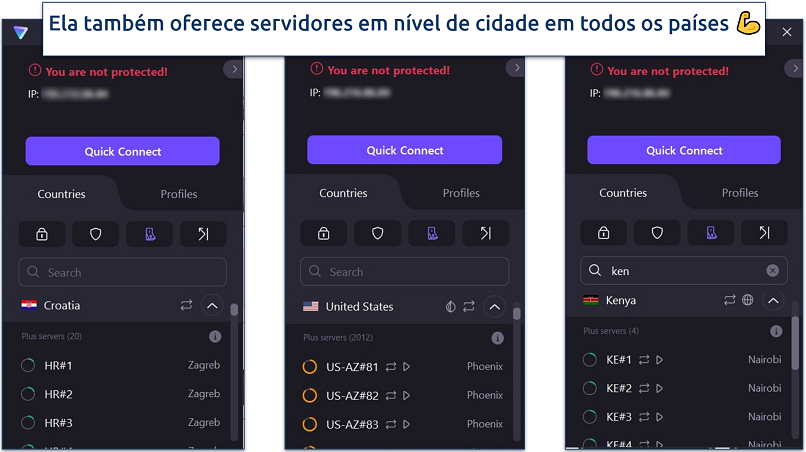 Uma captura de tela mostrando que o Proton VPN oferece servidores em nível de cidade