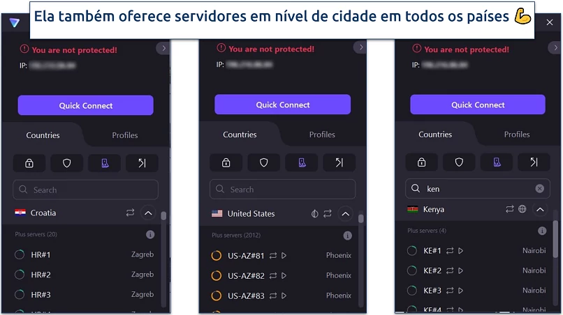 Uma captura de tela mostrando que o Proton VPN oferece servidores em nível de cidade