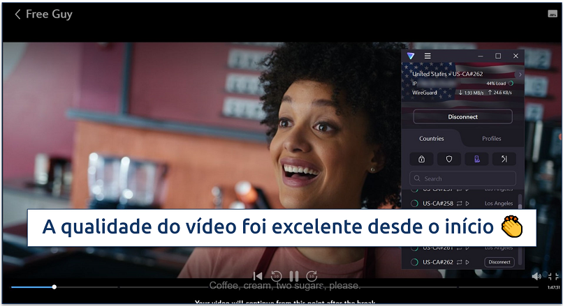 Uma captura de tela do Disney+ transmitindo Free Guy enquanto conectado ao servidor otimizado para streaming dos EUA do Proton VPN