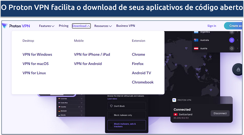 Uma captura de tela mostrando a página de download do Proton VPN junto com o dispositivo suportado pela VPN