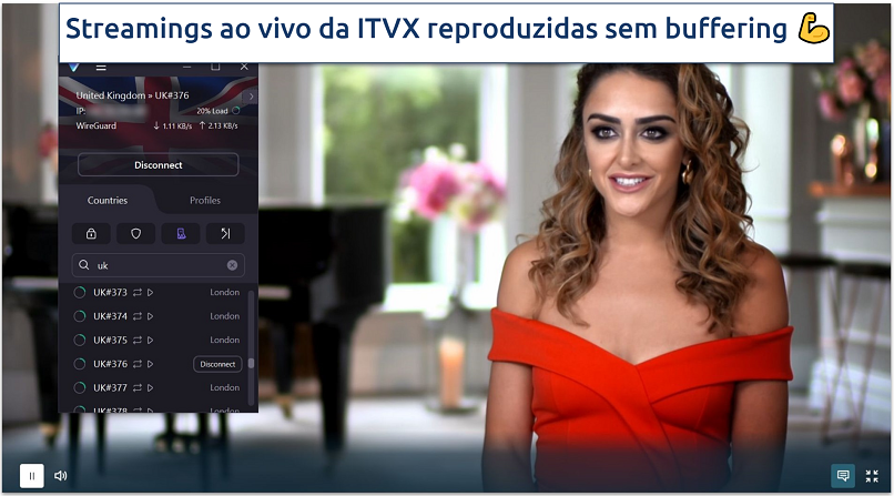 Uma captura de tela do ITVX transmitindo The Real Housewives of Cheshire enquanto conectado ao servidor otimizado para streaming do Reino Unido do Proton VPN