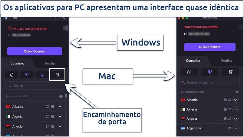 Uma captura de tela mostrando a interface do Proton VPN é quase a mesma em aplicativos Mac e Windows