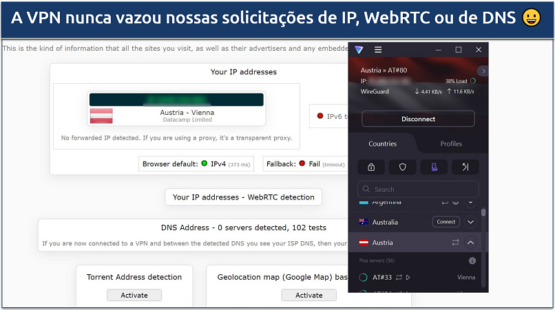 Uma captura de tela mostrando que o Proton VPN passou nos testes de DNS, vazamento de IP e WebRTC