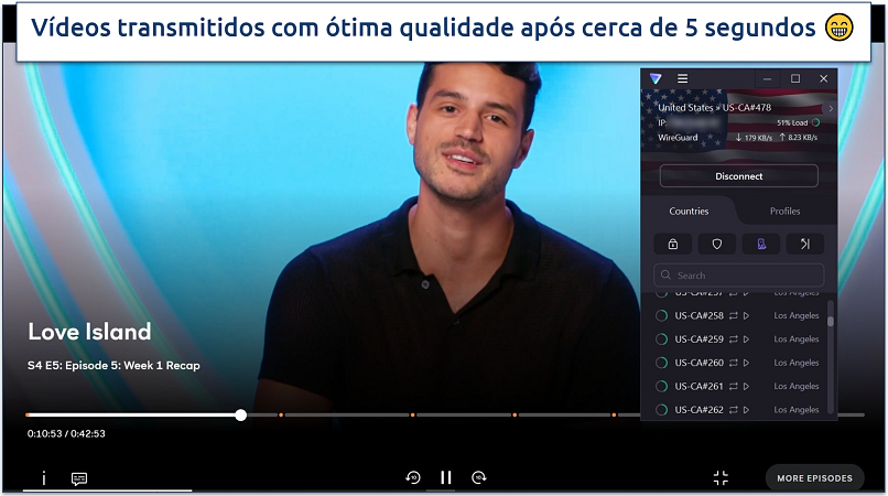 Uma captura de tela do Peacock transmitindo Love Island enquanto conectado ao servidor otimizado para streaming dos EUA do Proton VPN