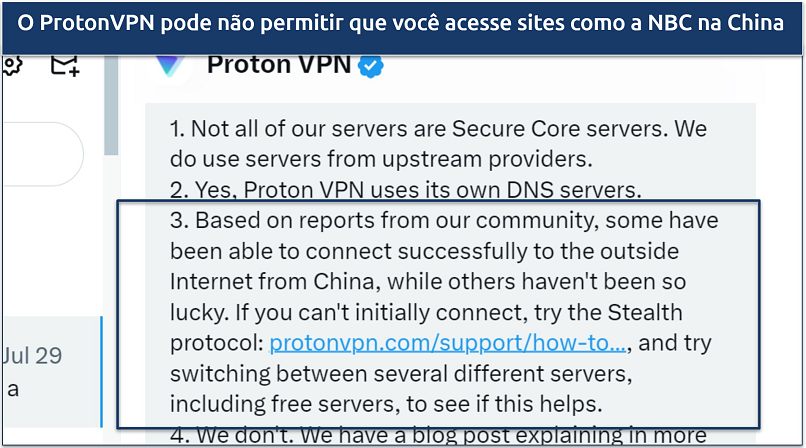 Uma captura de tela mostrando a equipe de suporte do ProtonVPN confirmando que a VPN pode funcionar na China