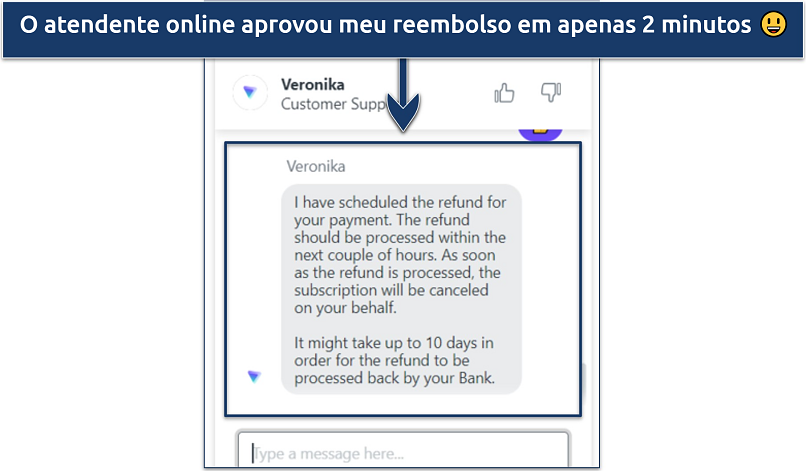 Um screenshot mostrando que você pode cancelar e solicitar reembolso através do recurso de chat ao vivo do Proton VPN