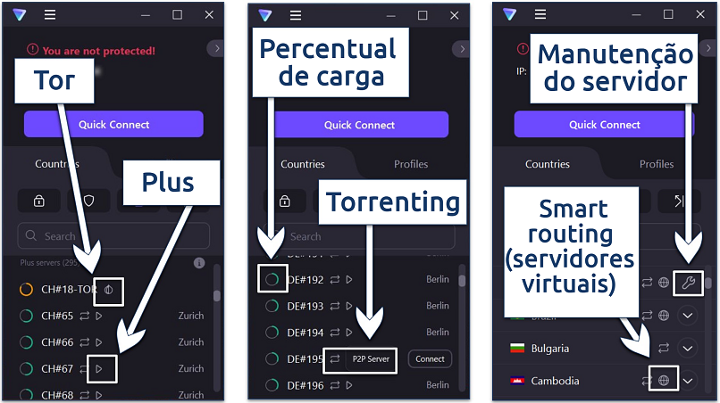 Uma captura de tela mostrando os diferentes servidores oferecidos pelo Proton VPN e seus ícones associados, junto com um ícone que sinaliza manutenção