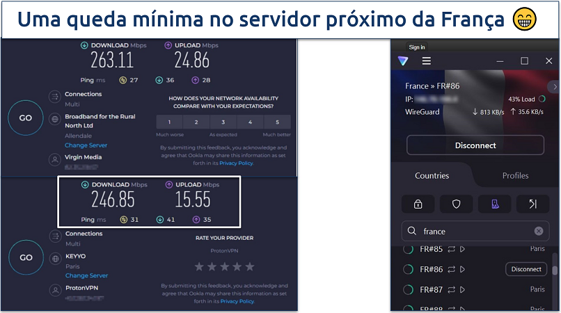 Um captura de tela de testes de velocidade Ookla feitos enquanto conectado ao servidor da França do Proton e sem nenhuma conexão VPN