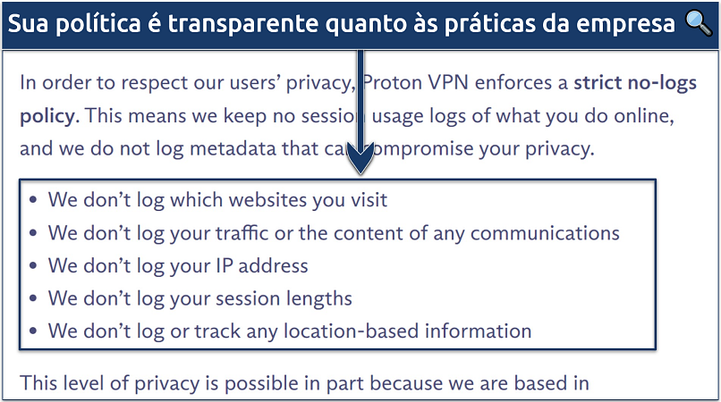 Uma captura de tela mostrando que o Proton VPN não registra informações sensíveis como endereço IP, registros de tráfego e durações de sessões