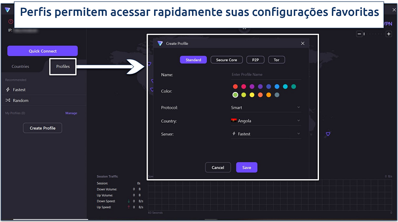 Uma captura de tela da janela que aparece quando você clica em perfis na tela inicial do Proton VPN