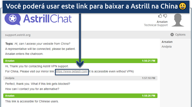 Screenshot showing Astill VPN live chat window with information about mirror links for China